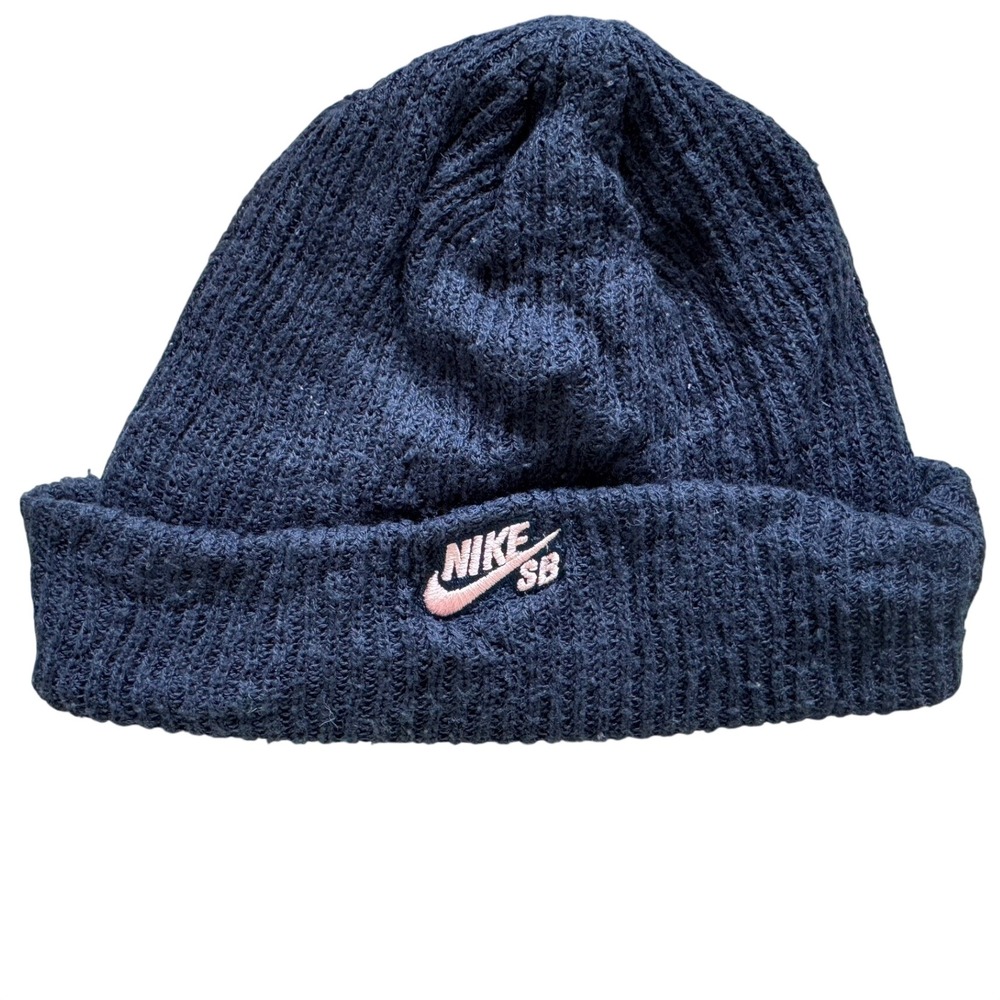 Nike SB Beanie Unisex One Size Navy Blue Excellent Cuffed Chunky Knit Neon Logo